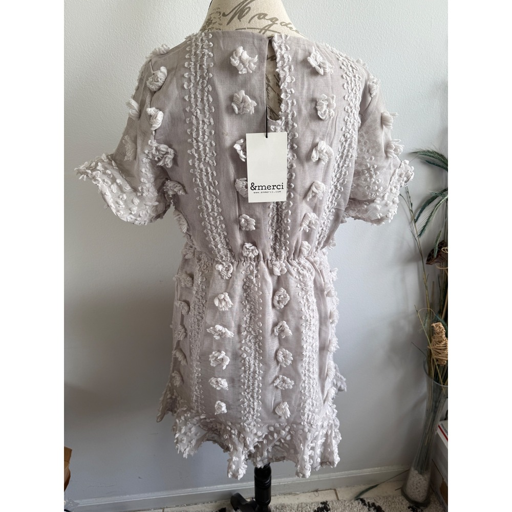 &merci Floral Pom Pom Aline Dress Medium Grey Short Sleeve Mini New
